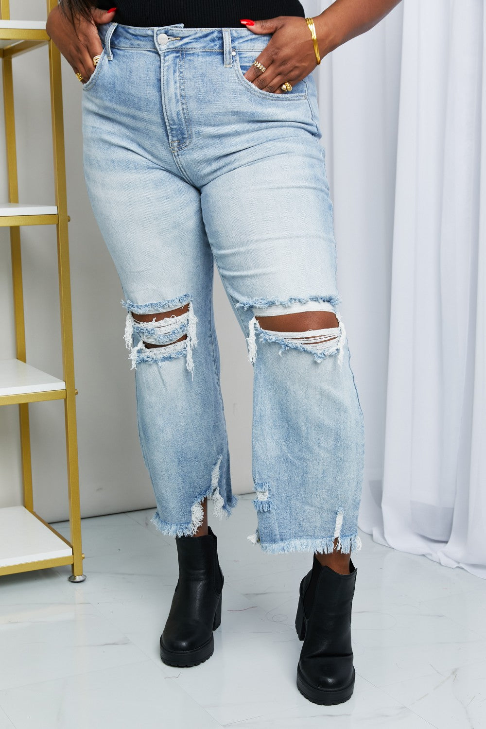 Women's High Waist Ripped Knee Hem Bootcut Jeans – OliverandJade