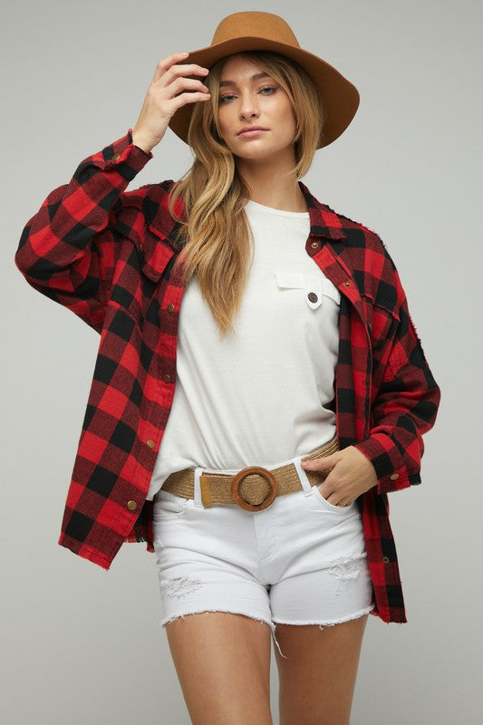 Bohemian Plaid Embroidered Peace Patch Button Down Jacket