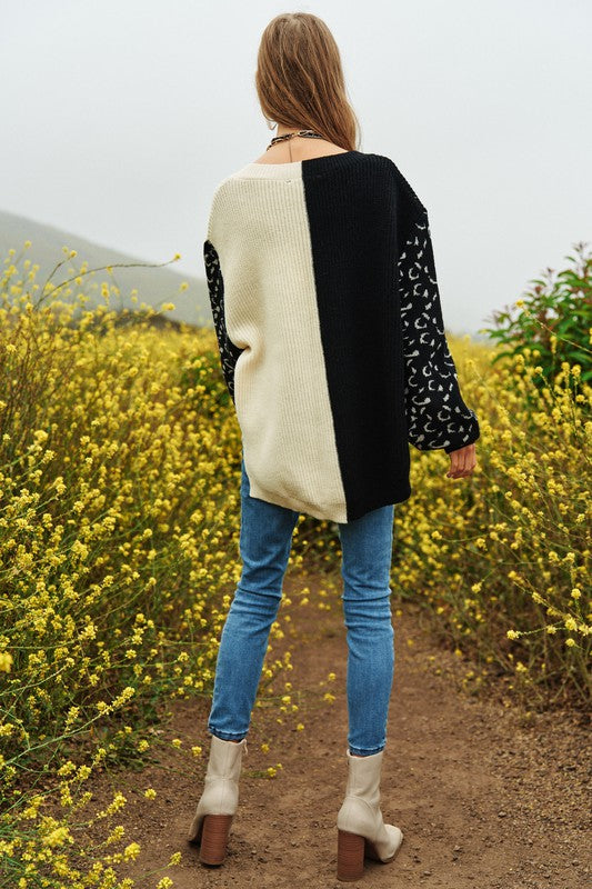 Bohemian Leopard Oversized Half and Half Pullover Sweater