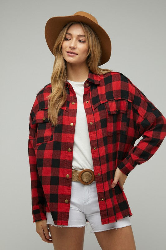 Bohemian Plaid Embroidered Peace Patch Button Down Jacket