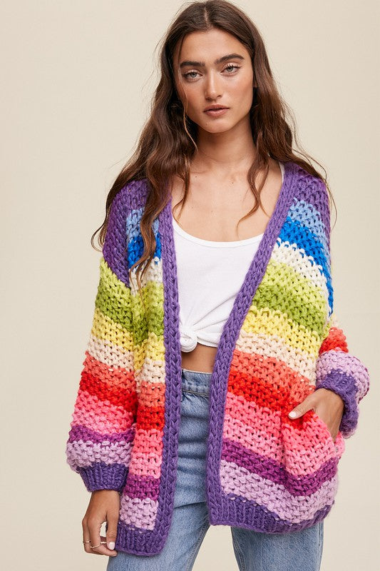 Bohemian Hand Crochet Rainbow Multi Color Oversized Open Cardigan