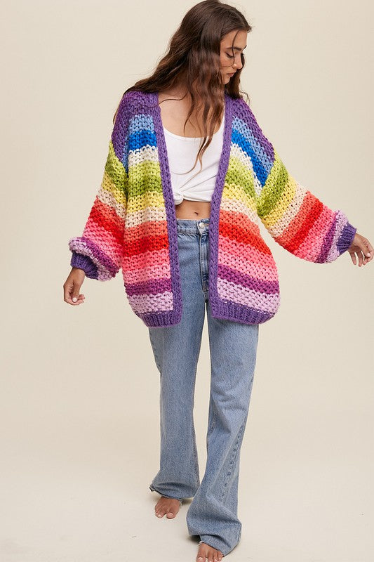 Bohemian Hand Crochet Rainbow Multi Color Oversized Open Cardigan