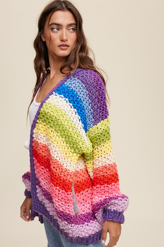 Bohemian Hand Crochet Rainbow Multi Color Oversized Open Cardigan