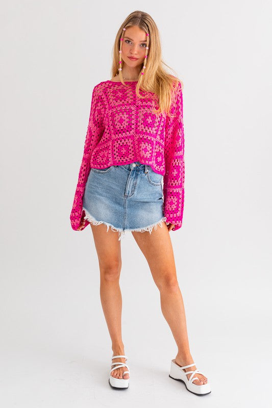 Bohemian Long Sleeve Floral Block Crochet Top