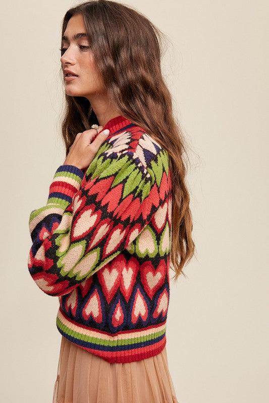 Bohemian Mod Print Full of Heart Mock Neck Puff Sleeve Knit Sweater