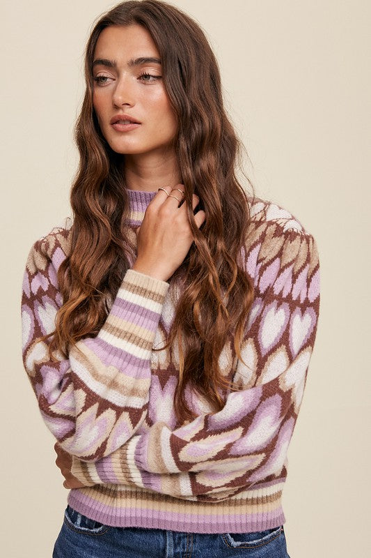Bohemian Mod Print Full of Heart Mock Neck Puff Sleeve Knit Sweater