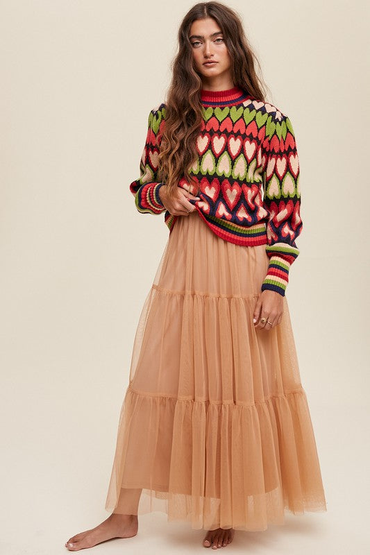 Bohemian Mod Print Full of Heart Mock Neck Puff Sleeve Knit Sweater