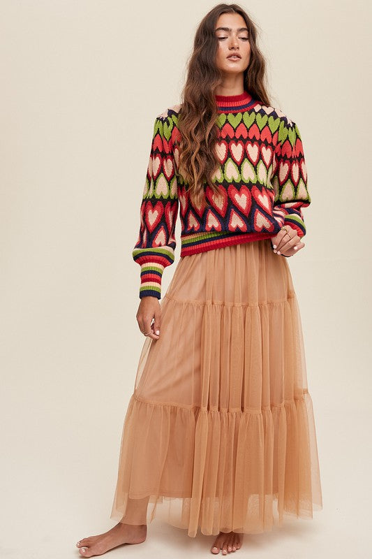 Bohemian Mod Print Full of Heart Mock Neck Puff Sleeve Knit Sweater