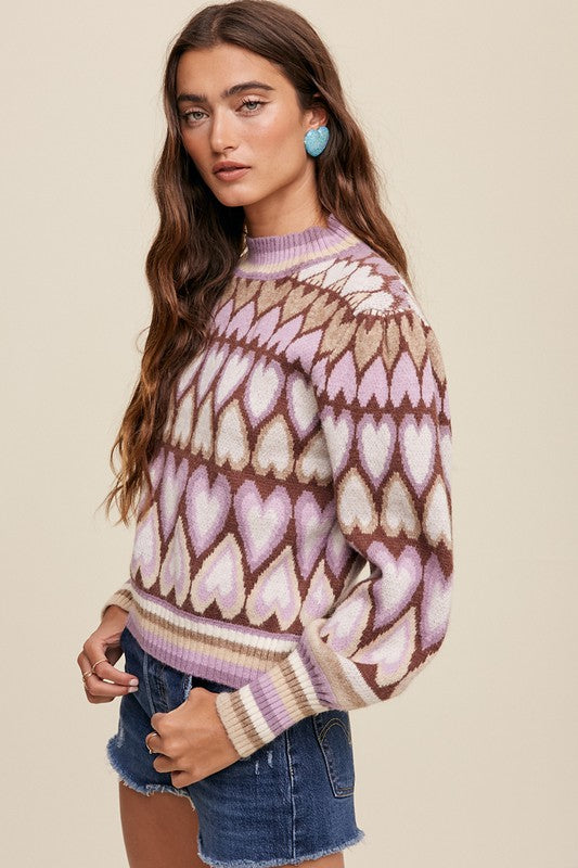 Bohemian Mod Print Full of Heart Mock Neck Puff Sleeve Knit Sweater