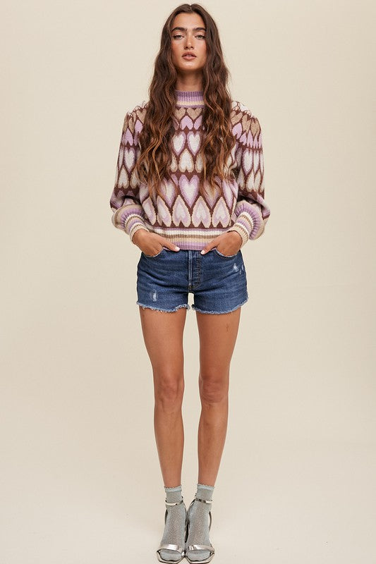 Bohemian Mod Print Full of Heart Mock Neck Puff Sleeve Knit Sweater