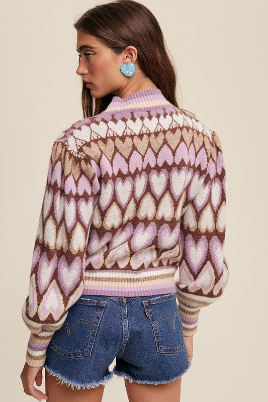 Bohemian Mod Print Full of Heart Mock Neck Puff Sleeve Knit Sweater