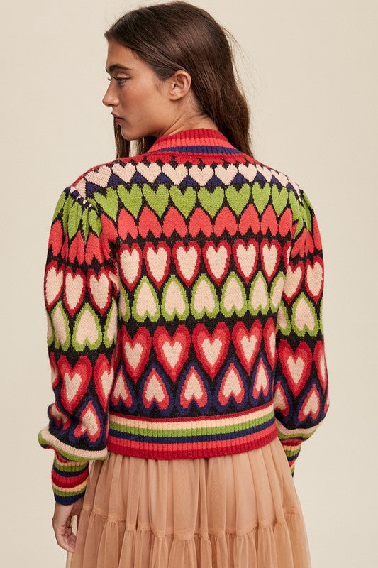 Bohemian Mod Print Full of Heart Mock Neck Puff Sleeve Knit Sweater