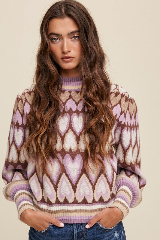 Bohemian Mod Print Full of Heart Mock Neck Puff Sleeve Knit Sweater