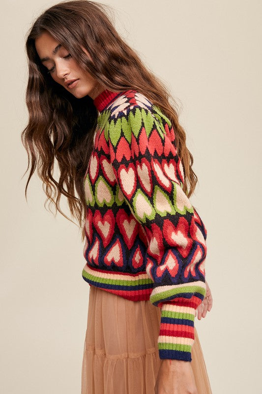 Bohemian Mod Print Full of Heart Mock Neck Puff Sleeve Knit Sweater