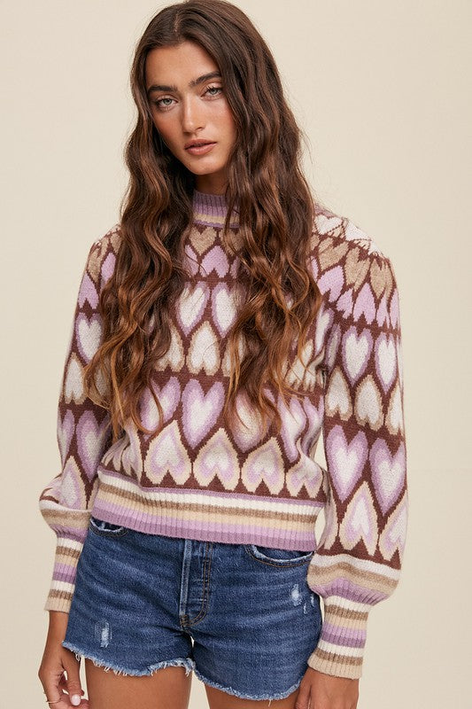 Bohemian Mod Print Full of Heart Mock Neck Puff Sleeve Knit Sweater