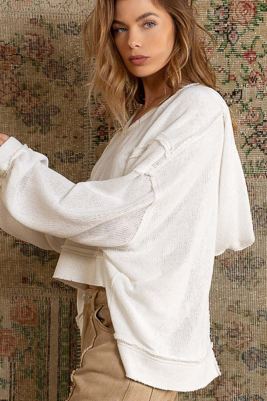 Bohemian POL Round Neck Balloon Sleeve Hooded Knit Top