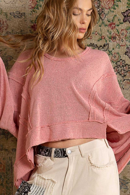 Bohemian POL Round Neck Balloon Sleeve Hooded Knit Top