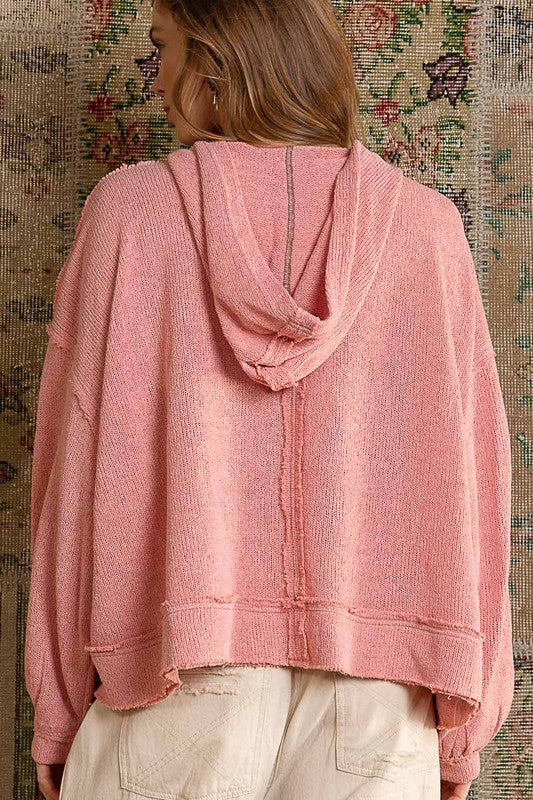 Bohemian POL Round Neck Balloon Sleeve Hooded Knit Top
