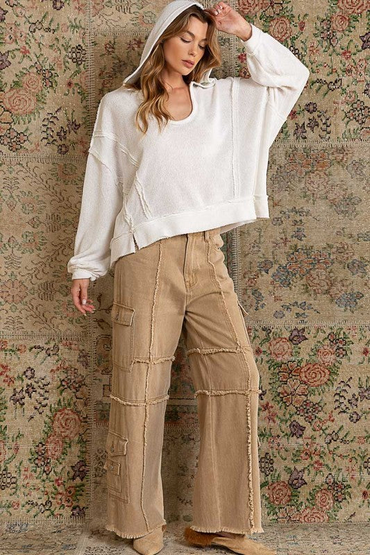 Bohemian POL Round Neck Balloon Sleeve Hooded Knit Top
