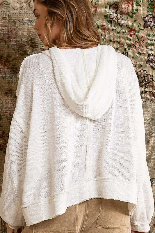 Bohemian POL Round Neck Balloon Sleeve Hooded Knit Top
