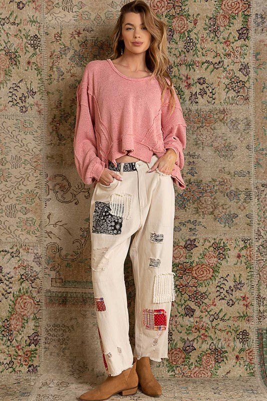 Bohemian POL Round Neck Balloon Sleeve Hooded Knit Top