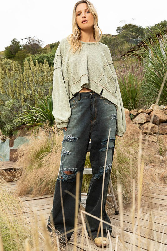 Bohemian POL Round Neck Balloon Sleeve Hooded Knit Top