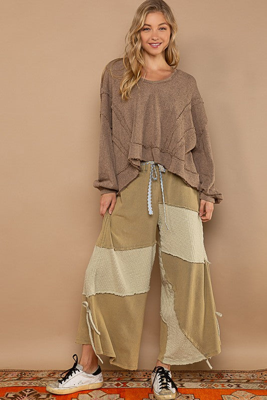 Bohemian POL Round Neck Balloon Sleeve Hooded Knit Top