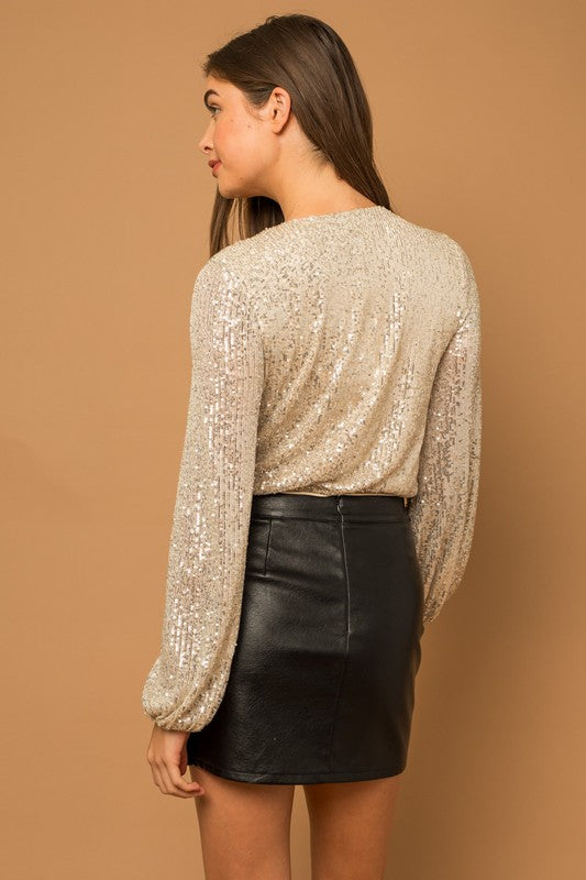 Bohemian Holiday Long Sleeve Sequin Wrap Bodysuit