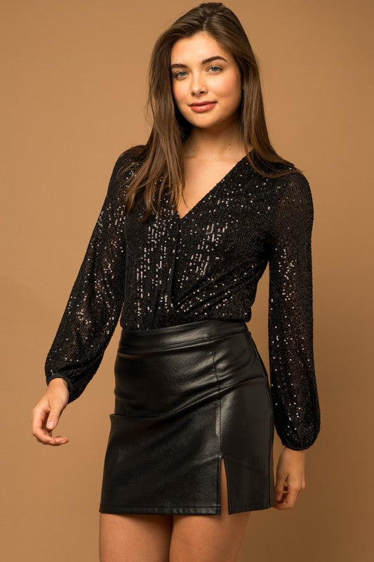 Bohemian Holiday Long Sleeve Sequin Wrap Bodysuit