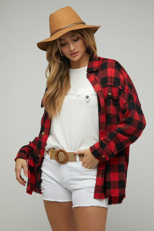 Bohemian Plaid Embroidered Peace Patch Button Down Jacket