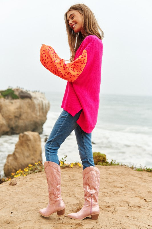 Bohemian Leopard Oversized Half and Half Pullover Sweater