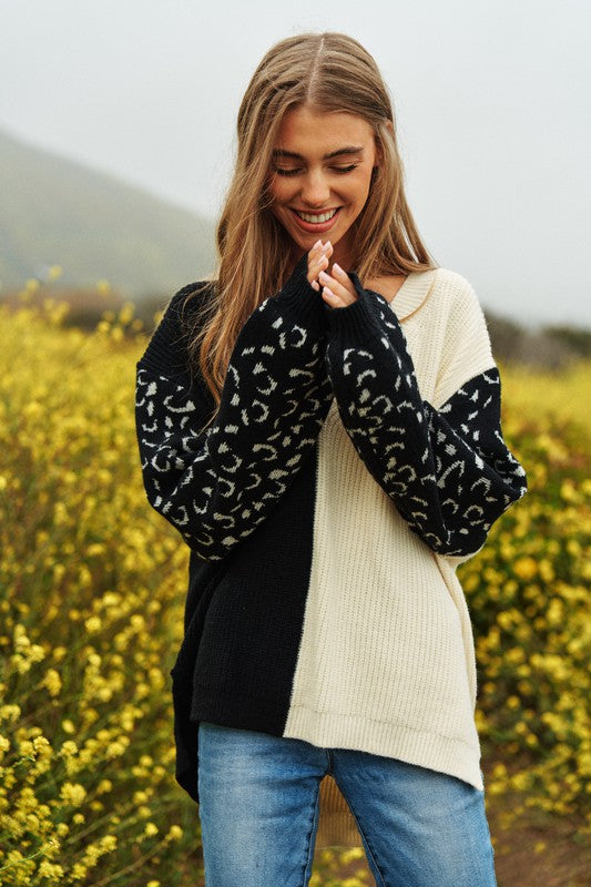 Bohemian Leopard Oversized Half and Half Pullover Sweater