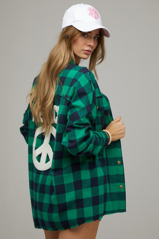 Bohemian Plaid Embroidered Peace Patch Button Down Jacket