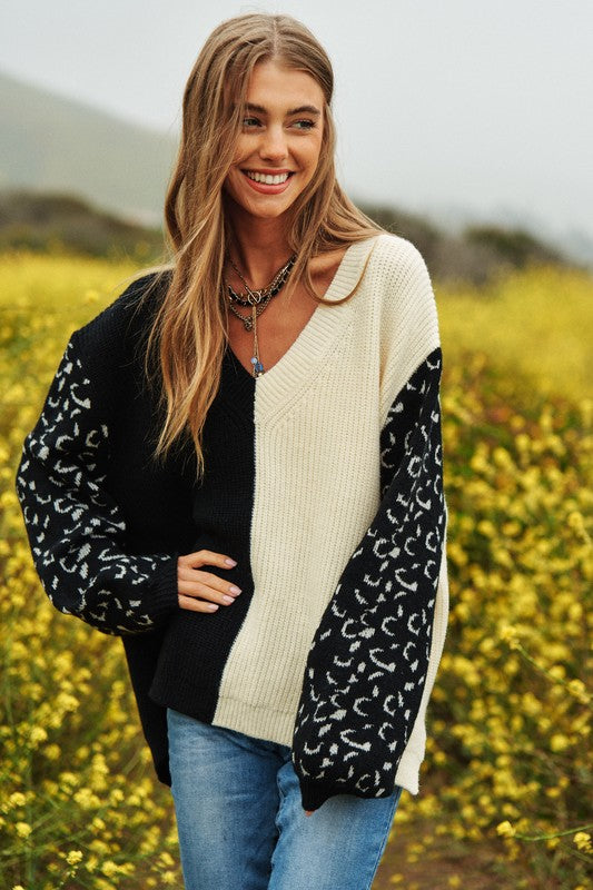Bohemian Leopard Oversized Half and Half Pullover Sweater