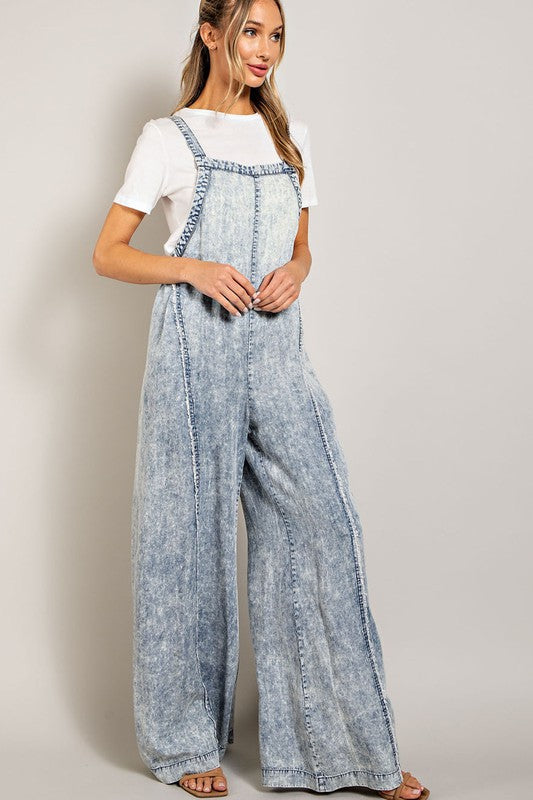 Bohemian Denim Washed Tie Dye Tencel Jumpsuit