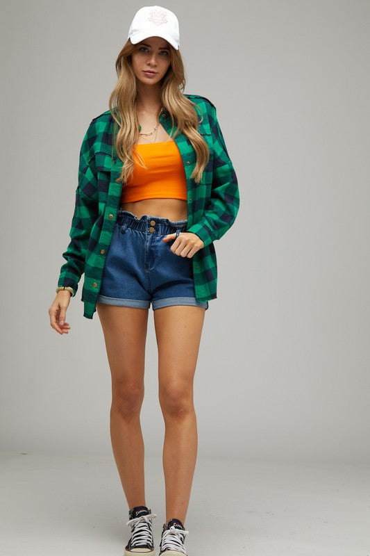 Bohemian Plaid Embroidered Peace Patch Button Down Jacket