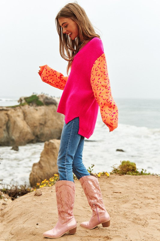 Bohemian Leopard Oversized Half and Half Pullover Sweater