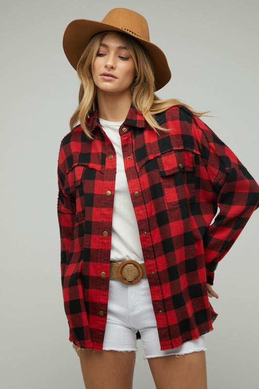 Bohemian Plaid Embroidered Peace Patch Button Down Jacket