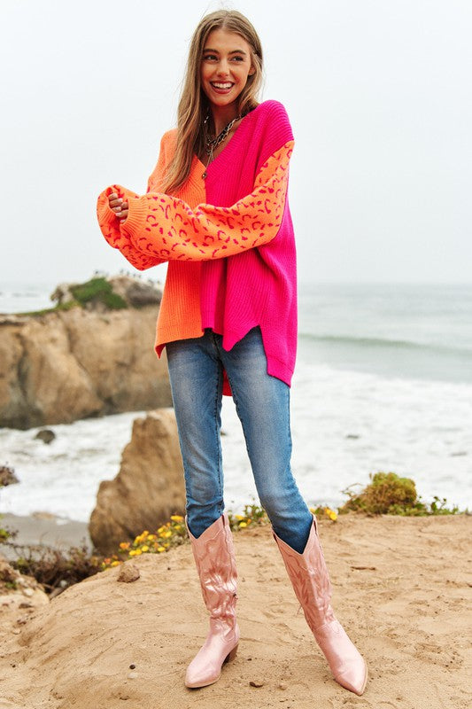 Bohemian Leopard Oversized Half and Half Pullover Sweater