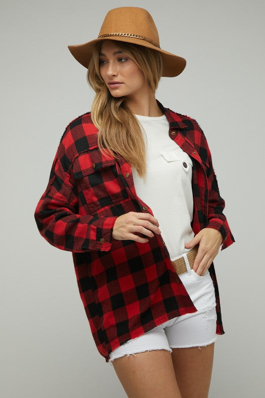 Bohemian Plaid Embroidered Peace Patch Button Down Jacket