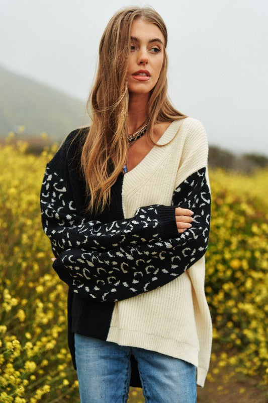 Bohemian Leopard Oversized Half and Half Pullover Sweater