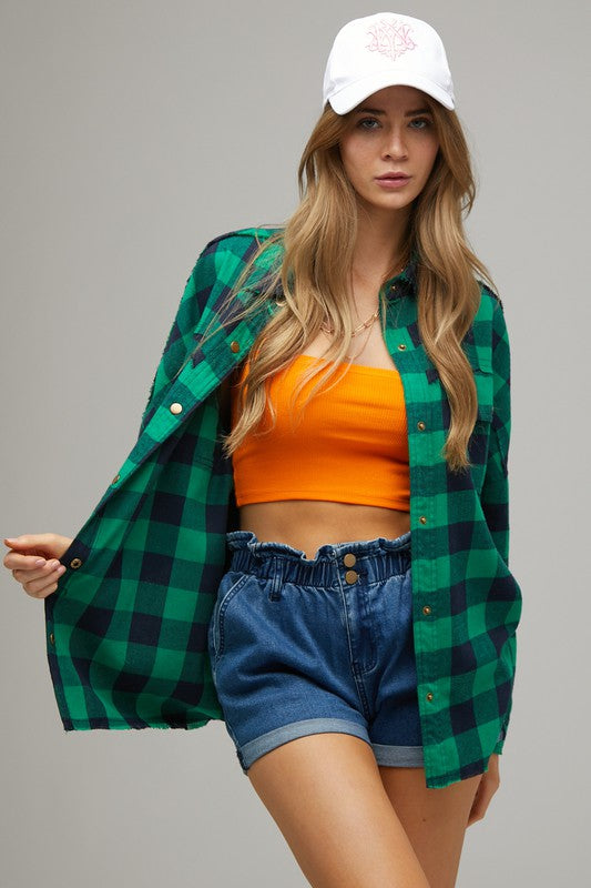 Bohemian Plaid Embroidered Peace Patch Button Down Jacket