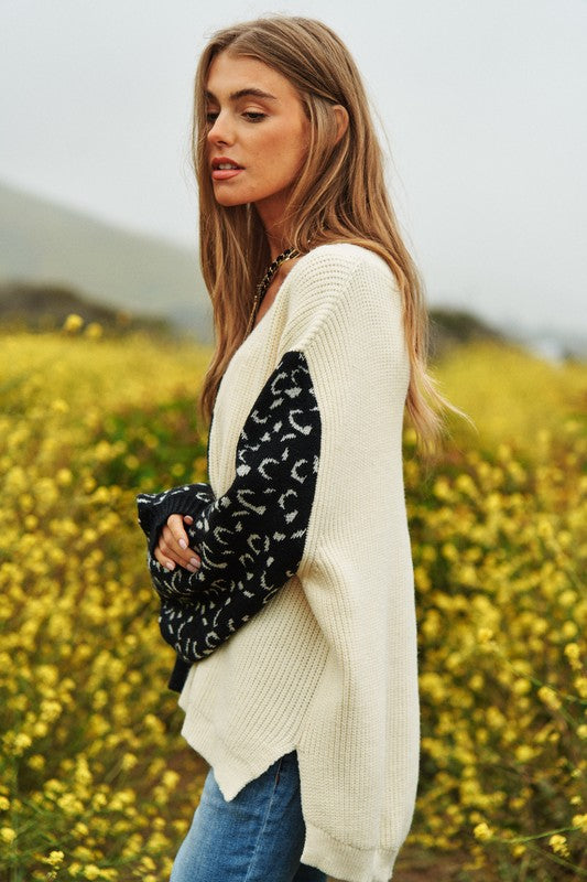 Bohemian Leopard Oversized Half and Half Pullover Sweater