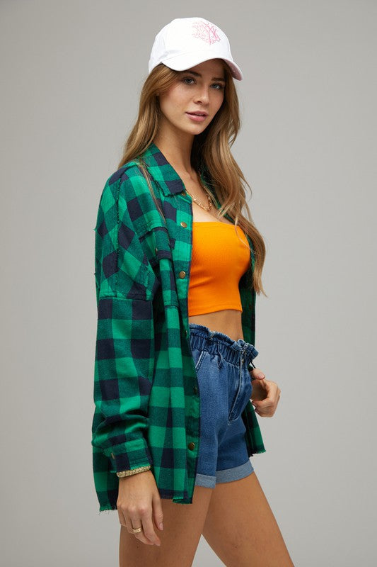 Bohemian Plaid Embroidered Peace Patch Button Down Jacket