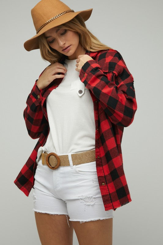 Bohemian Plaid Embroidered Peace Patch Button Down Jacket