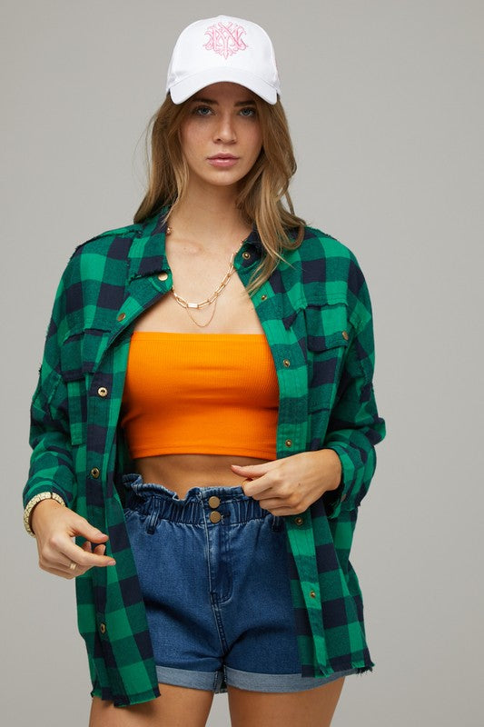 Bohemian Plaid Embroidered Peace Patch Button Down Jacket