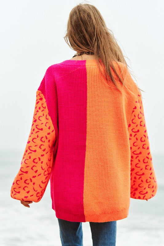 Bohemian Leopard Oversized Half and Half Pullover Sweater