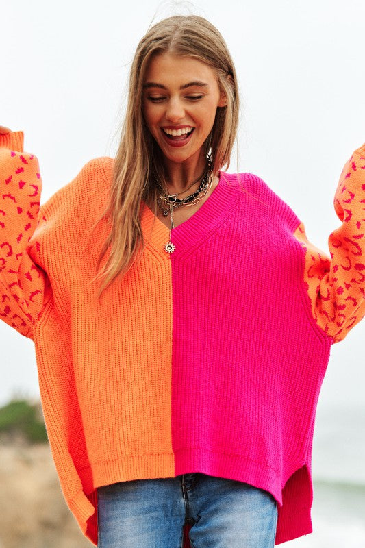 Bohemian Leopard Oversized Half and Half Pullover Sweater