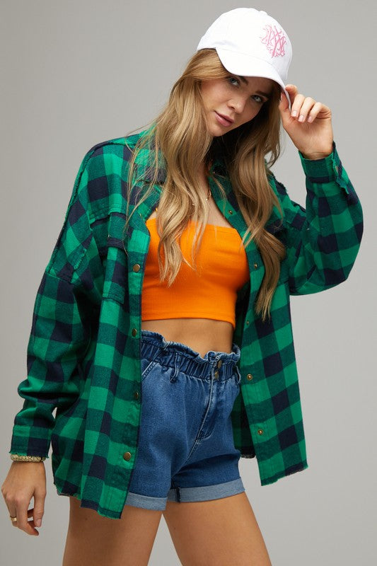 Bohemian Plaid Embroidered Peace Patch Button Down Jacket