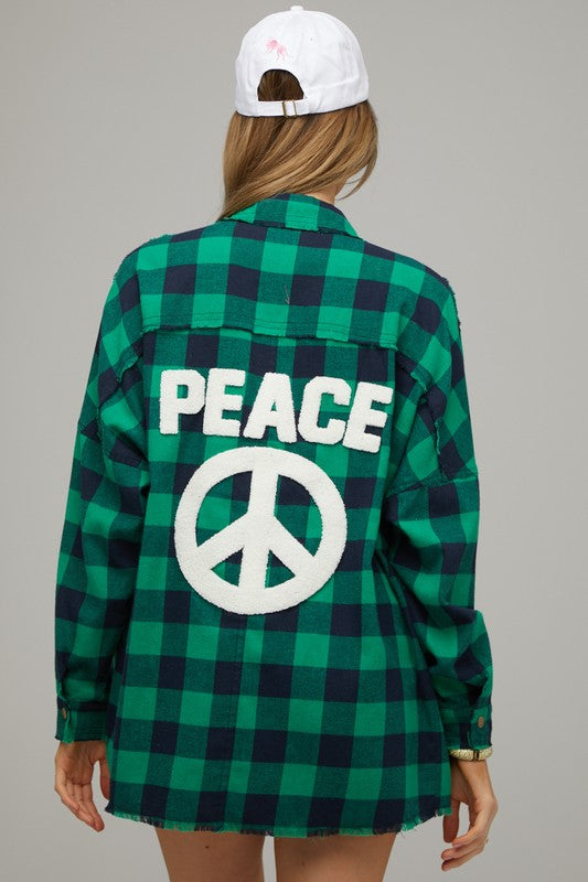 Bohemian Plaid Embroidered Peace Patch Button Down Jacket
